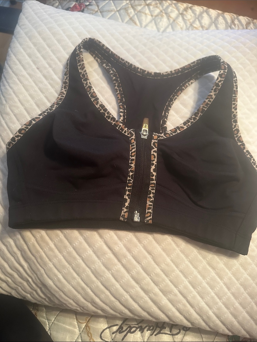 Marks & Spencer Black Sports Bra with Leopard-Trim Front Zip